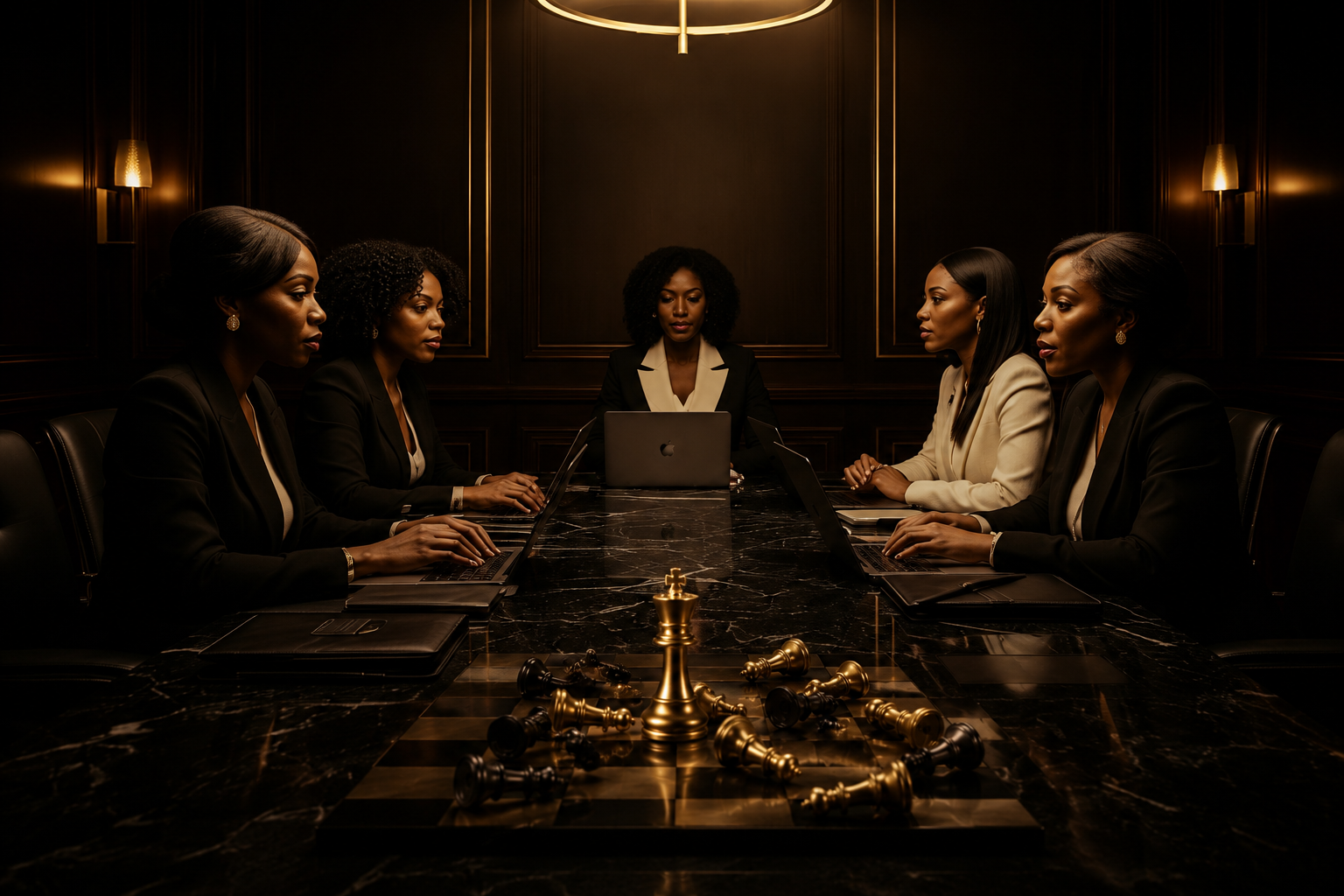 Five Black women executives meeting around a black marble boardroom table